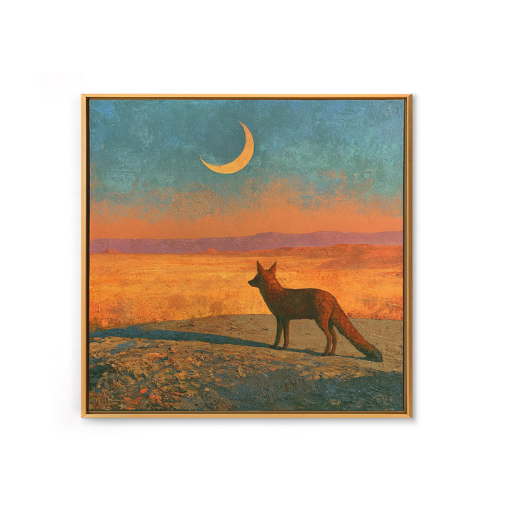 Desert Fox Beneath a Crescent Moon Framed Canvas Print, Desert Art, Wall Art, Southwestern Decor, Oil Painting, Desert, DES-1x1-65