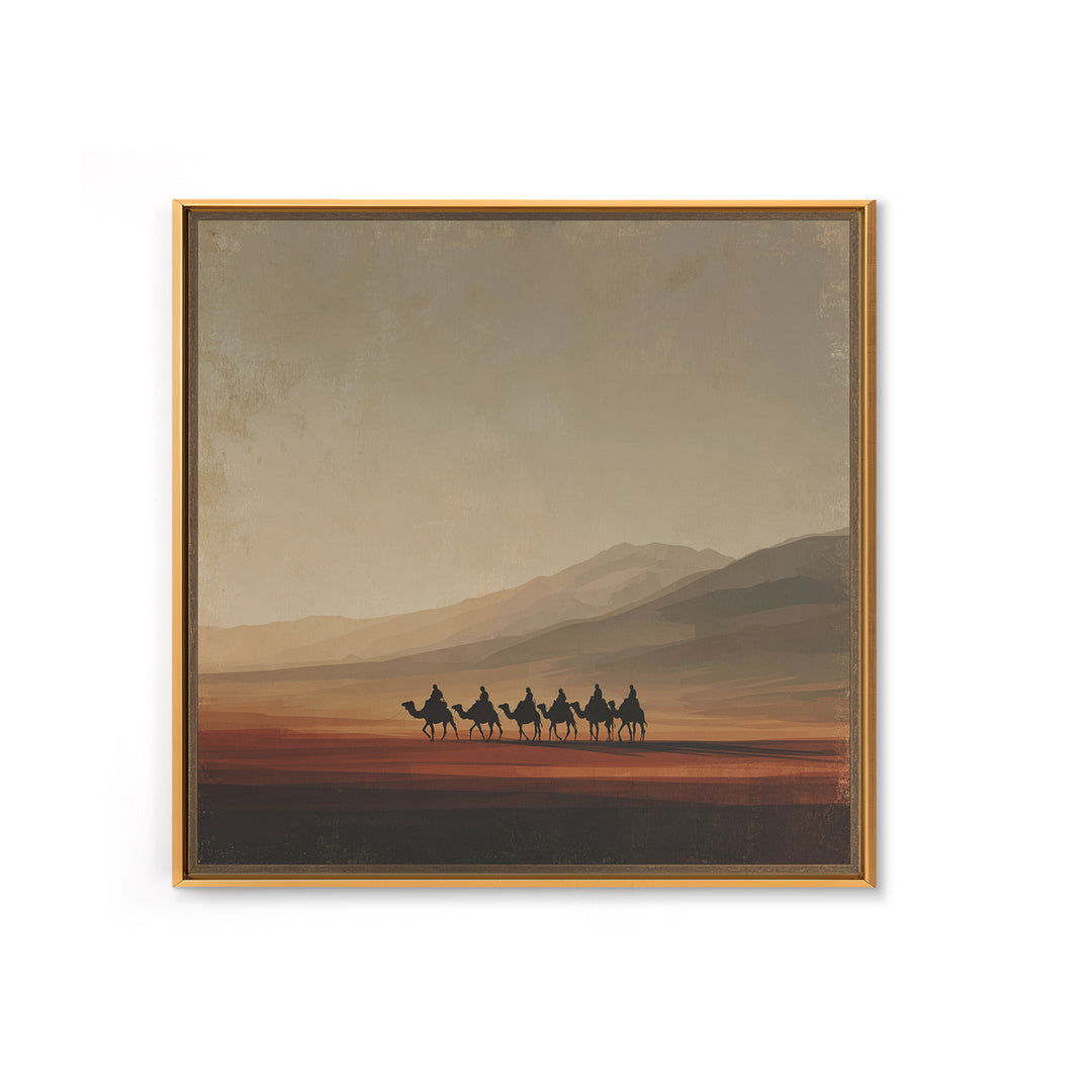 Camel Caravan Crossing Golden Dunes Framed Canvas Print, Desert Art, Living Room Decor, Southwestern Decor, Oil Painting, DES-1x1-7