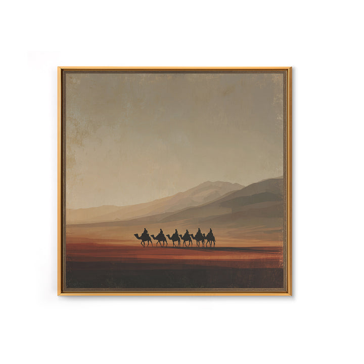 Camel Caravan Crossing Golden Dunes Framed Canvas Print, Desert Art, Living Room Decor, Southwestern Decor, Oil Painting, DES-1x1-7