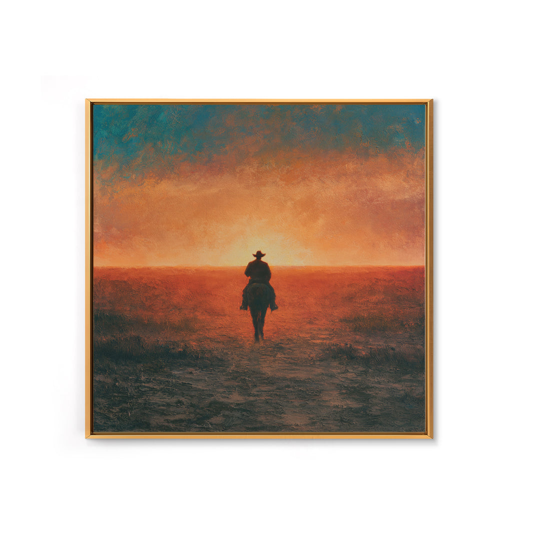 Dusty Horseback Rider at Sunset Framed Canvas Print, Desert Art, Nature Wall Art, Southwestern Decor, Fine Art, Desert, DES-1x1-71
