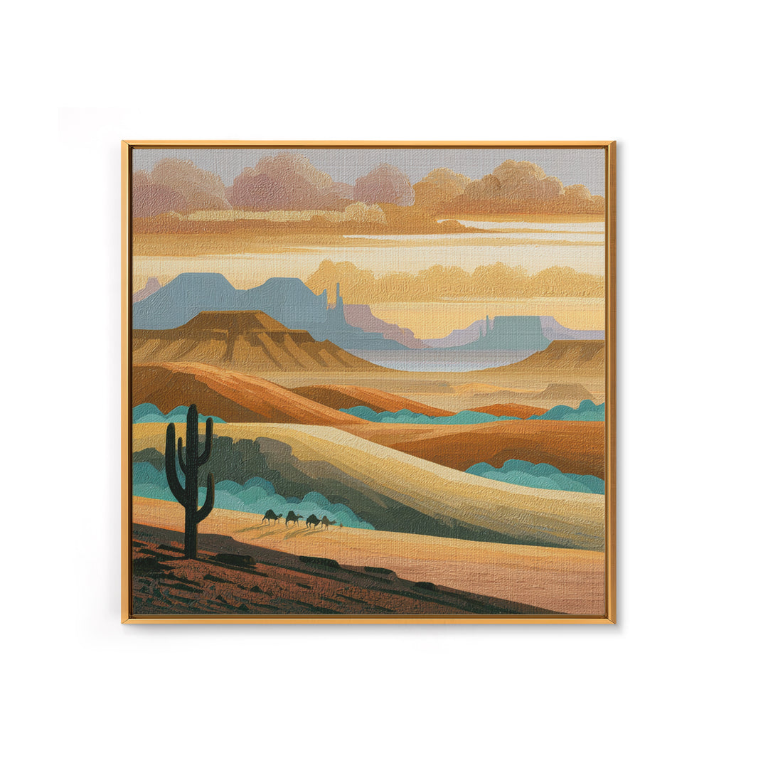 Saharan Dunes with Tiny Caravan Silhouettes Framed Canvas Print, Desert Art, Art Print, Southwestern Decor, Fine Art, Desert, DES-1x1-74