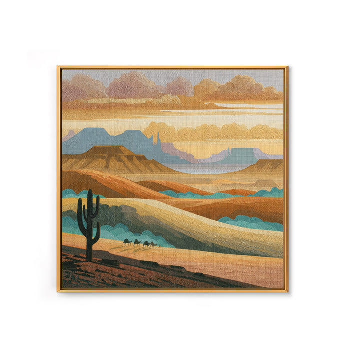 Saharan Dunes with Tiny Caravan Silhouettes Framed Canvas Print, Desert Art, Art Print, Southwestern Decor, Fine Art, Desert, DES-1x1-74