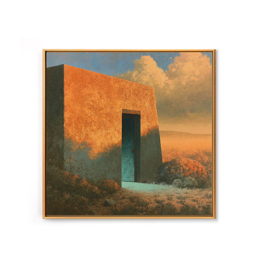 Adobe Doorway with Turquoise Shadow Canvas Print, Desert Art, Oil Painting, Southwestern Decor, Desert, Bedroom Wall Art, DES-1x1-77