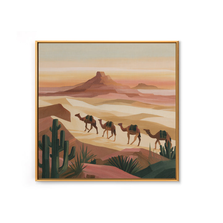 Camel Caravan Crossing Golden Dunes Framed Canvas Print, Desert Art, Art Print, Southwestern Decor, Fine Art, Desert, DES-1x1-79