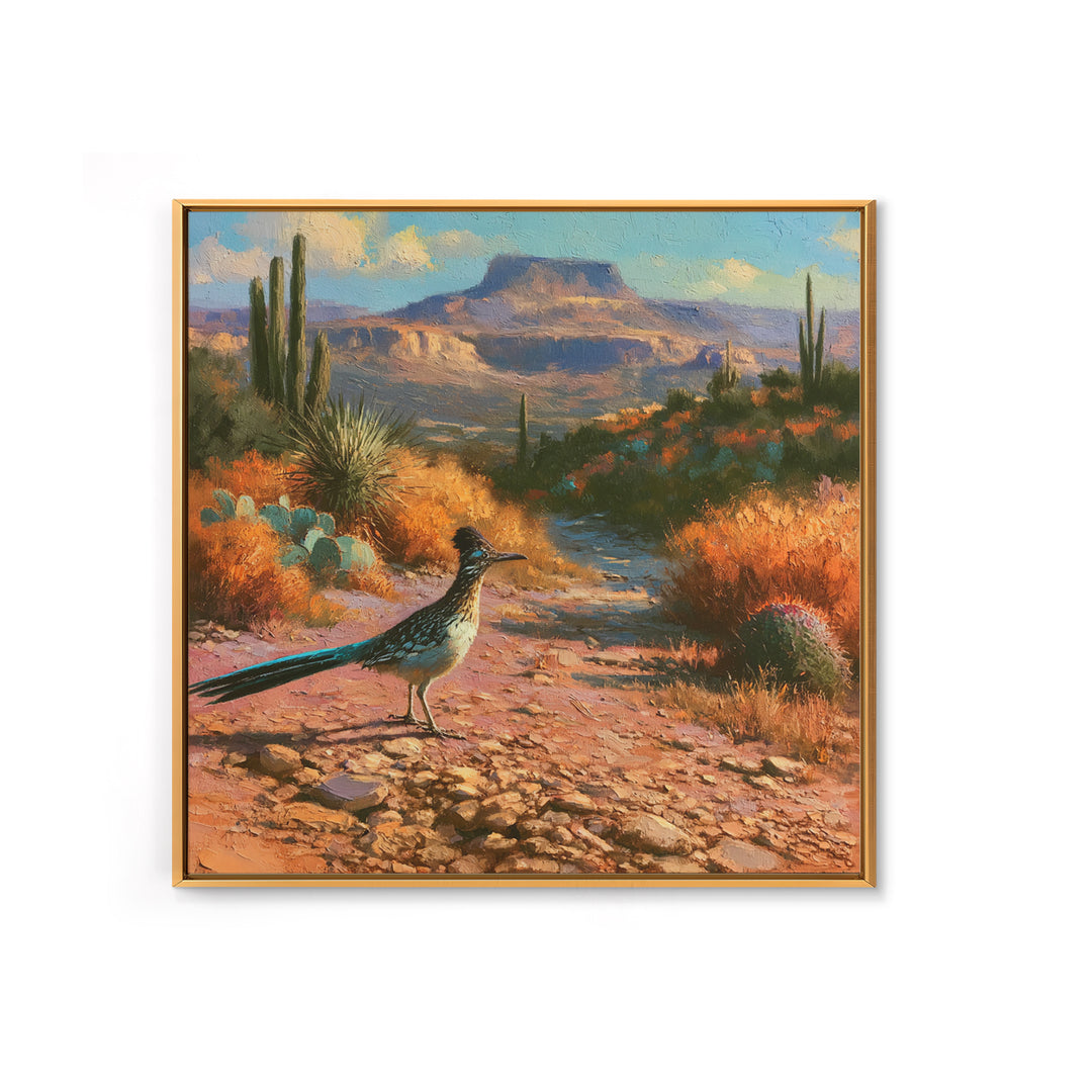 Roadrunner Bird in a Dry Wash Canvas Print, Desert Art, Minimalist Decor, Southwestern Decor, Oil Painting, Desert, Boho, DES-1x1-86