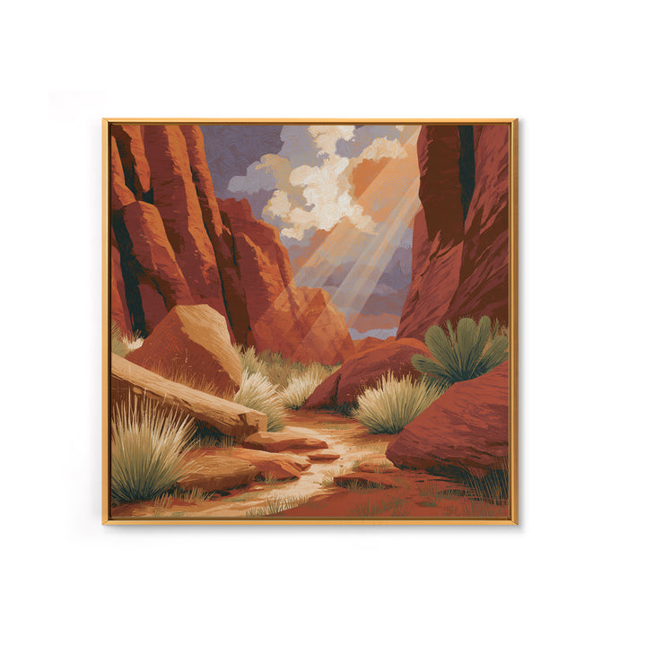 Sandstone Canyon with Dramatic Light Beam Framed Canvas Print, Desert Art, Wall Art, Southwestern Decor, Oil Painting, Desert, DES-1x1-88