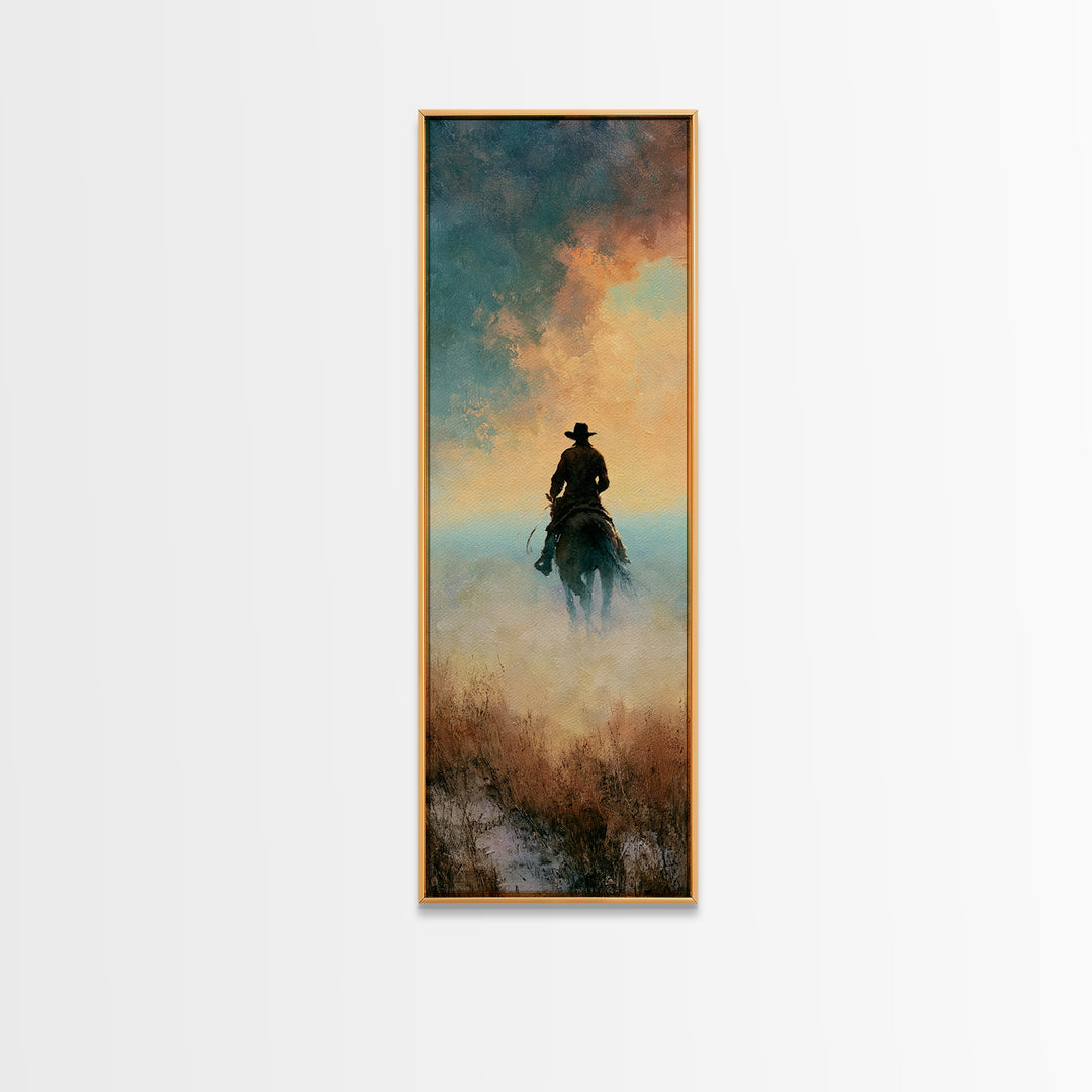 Dusty Horseback Rider at Sunset Canvas Print, Desert Art, Western Decor, Southwestern Decor, Fine Art, Desert, Modern Decor, DES-1x3-11