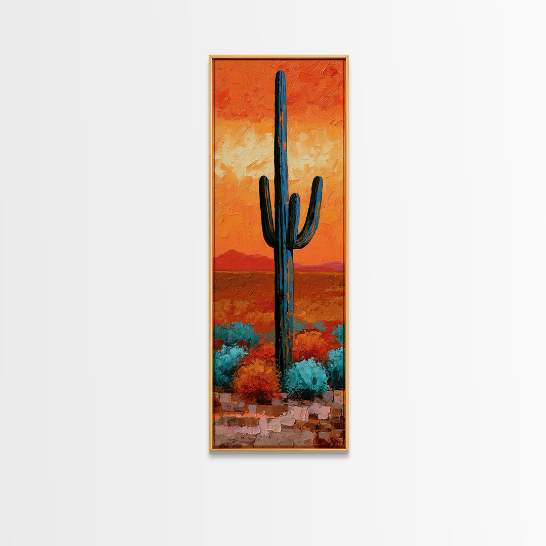 Saguaro Cactus under Orange Sunset Sky Canvas Print, Desert Art, Printable Wall Art, Southwestern Decor, Oil Painting, Desert, DES-1x3-13