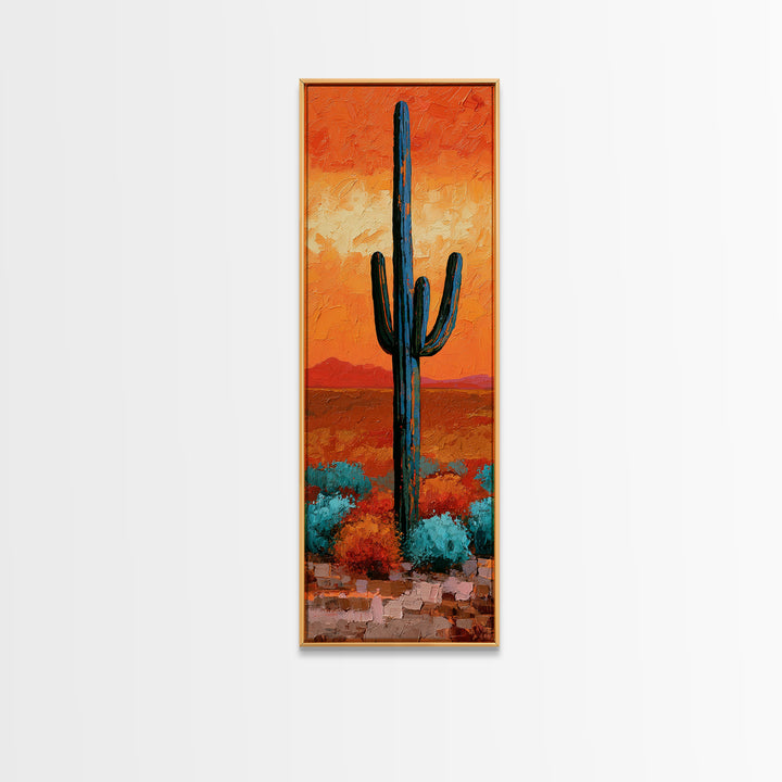 Saguaro Cactus under Orange Sunset Sky Canvas Print, Desert Art, Printable Wall Art, Southwestern Decor, Oil Painting, Desert, DES-1x3-13
