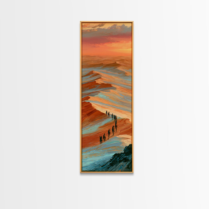 Camel Caravan Crossing Golden Dunes Framed Canvas Print, Desert Art, Mountain Wall Art, Southwestern Decor, Oil Painting, DES-1x3-19