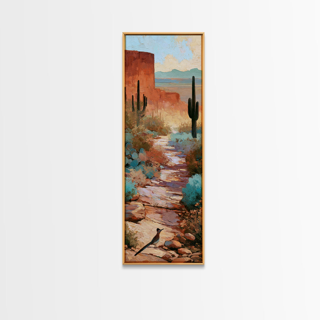 Roadrunner Bird in a Dry Wash Framed Canvas Print, Desert Art, Textured Painting, Southwestern Decor, Fine Art, Desert, DES-1x3-74