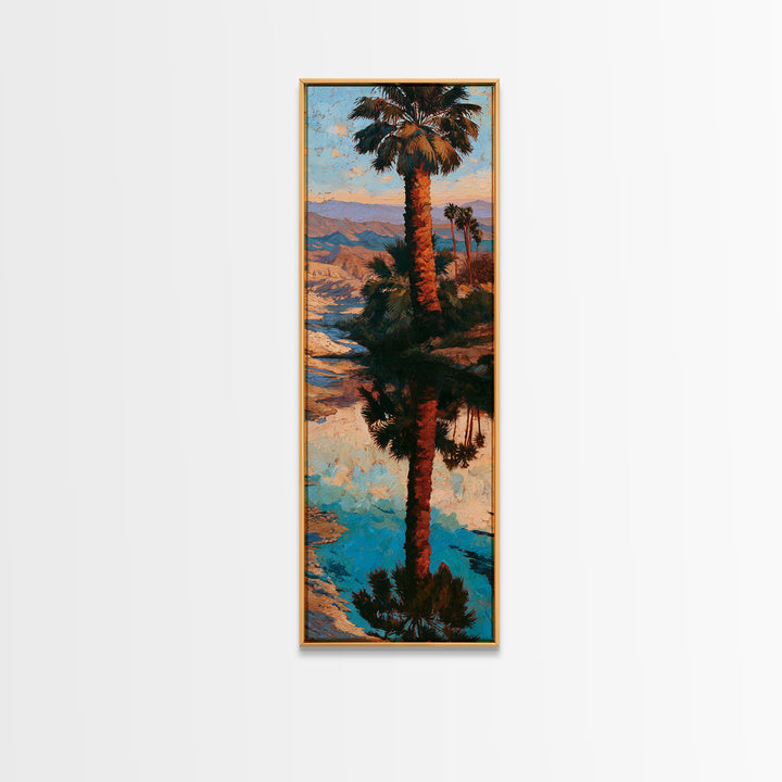 Palm Oasis Reflected Framed Canvas Print, Desert Art, Wall Art, Southwestern Decor, Oil Painting, Desert, Apartment Decor, DES-1x3-75