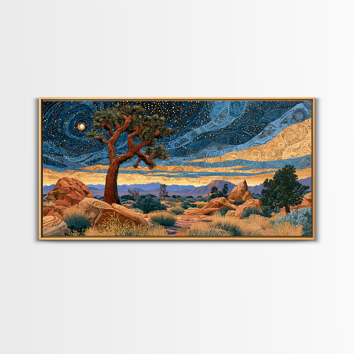 Joshua Tree under Star Filled Night Framed Canvas Print, Desert Art, Southwestern Decor, Oil Painting, Desert, DES-2x1-50