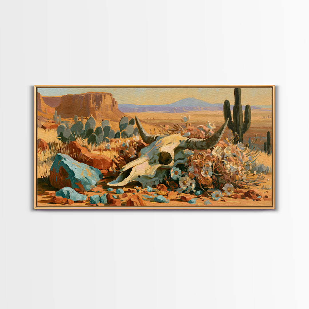 Sun Bleached Skull and Desert Flowers Framed Canvas Print, Desert Art, Art Print, Southwestern Decor, Watercolor Art, Desert, DES-2x1-8