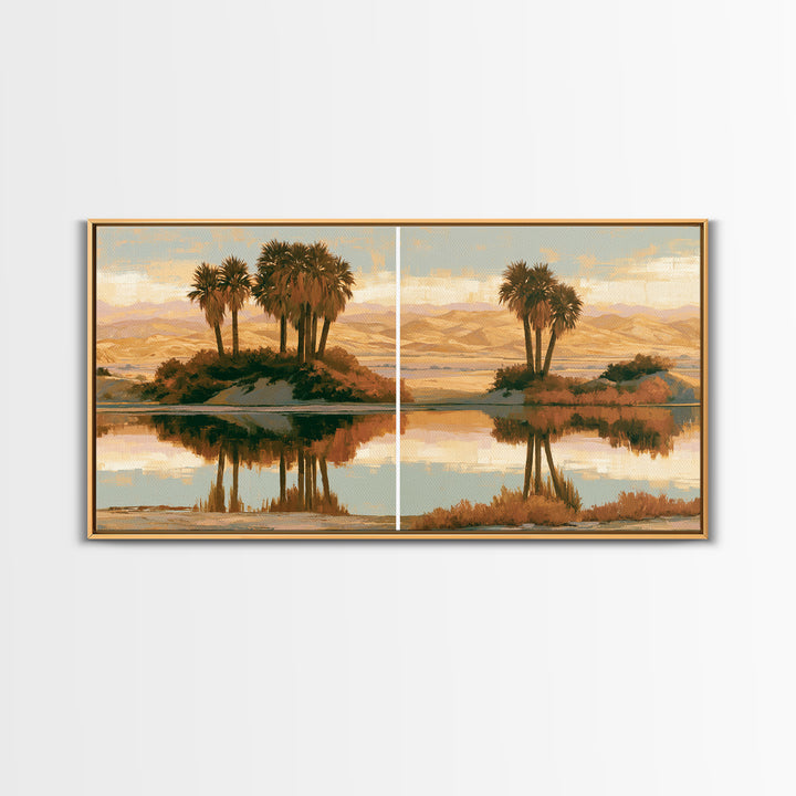 Palm Oasis Reflected Framed Canvas Print, Desert Art, Wall Art Prints, Southwestern Decor, Oil Painting, Desert, Boho Decor, DES-2x1-83