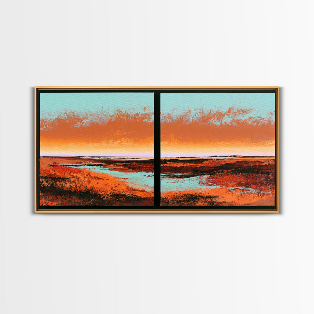 Abstract Heatwave Horizon Framed Canvas Print, Desert Art, Boho, Southwestern Decor, Fine Art, Desert, Mountain Wall Art, DES-2x1-9