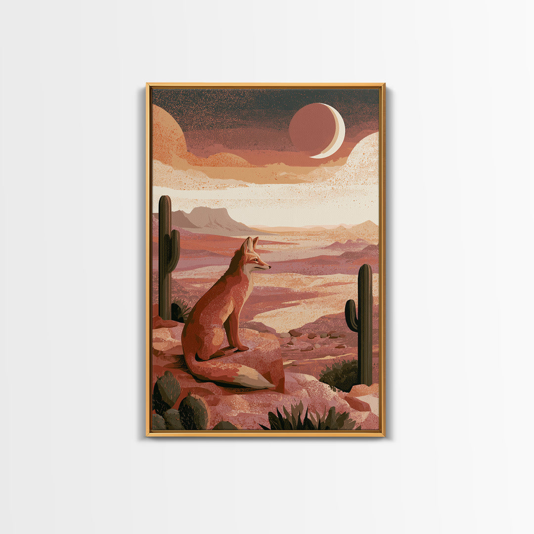 Desert Fox Beneath a Crescent Moon Framed Canvas Print, Desert Art, Abstract Wall Art, Southwestern Decor, Oil Painting, Desert, DES-2x3-1