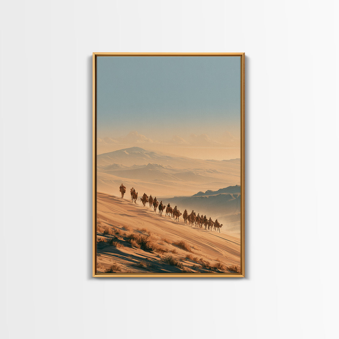 Camel Caravan Crossing Golden Dunes Canvas Print, Desert Art, Large Wall Art, Southwestern Decor, Oil Painting, Desert, DES-2x3-15