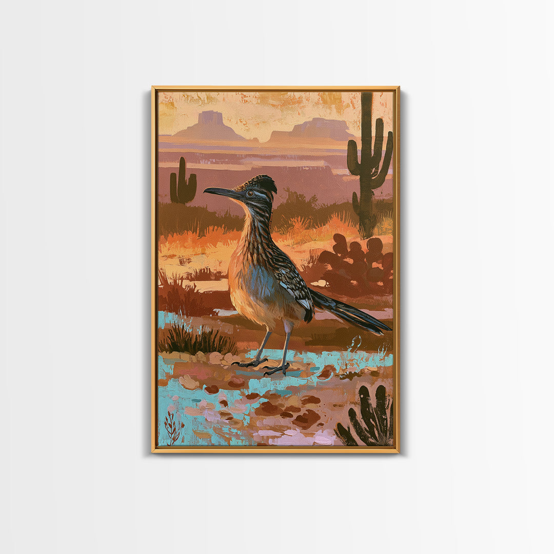 Roadrunner Bird in a Dry Wash Framed Canvas Print, Desert Art, Original Painting, Southwestern Decor, Fine Art, Desert, DES-2x3-22