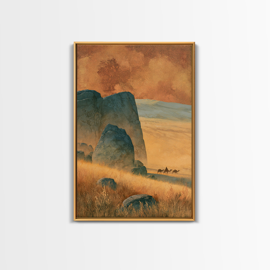 Saharan Dunes with Tiny Caravan Silhouettes Framed Canvas Print, Desert Art, Boho, Southwestern Decor, Fine Art, Desert, DES-2x3-34