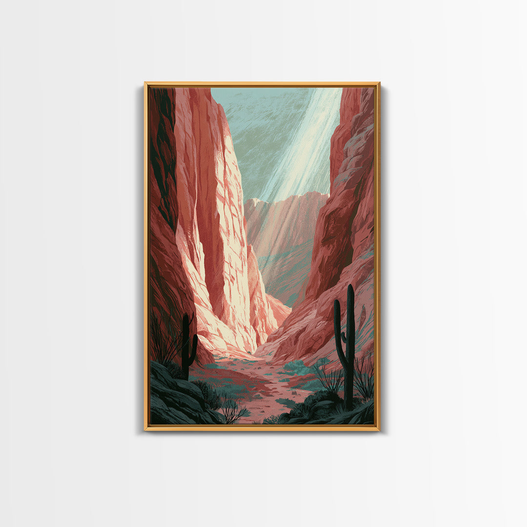 Sandstone Canyon with Dramatic Light Beam Framed Canvas Print, Desert Art, Boho, Southwestern Decor, Watercolor Art, Desert, DES-2x3-48