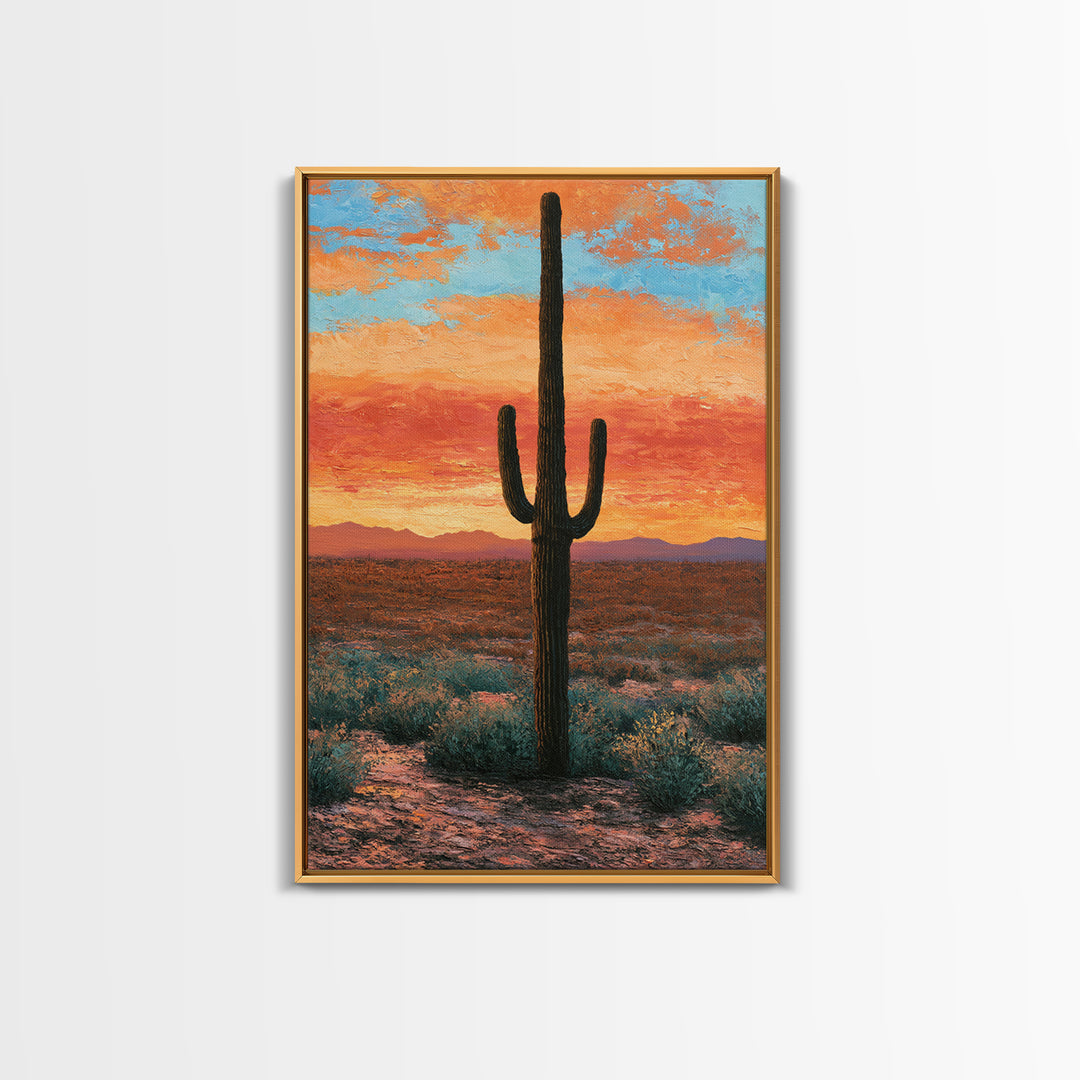 Saguaro Cactus under Orange Sunset Sky Canvas Print, Desert Art, Living Room Art, Southwestern Decor, Fine Art, Desert, DES-2x3-57