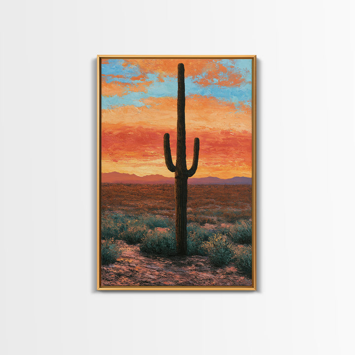Saguaro Cactus under Orange Sunset Sky Canvas Print, Desert Art, Living Room Art, Southwestern Decor, Fine Art, Desert, DES-2x3-57