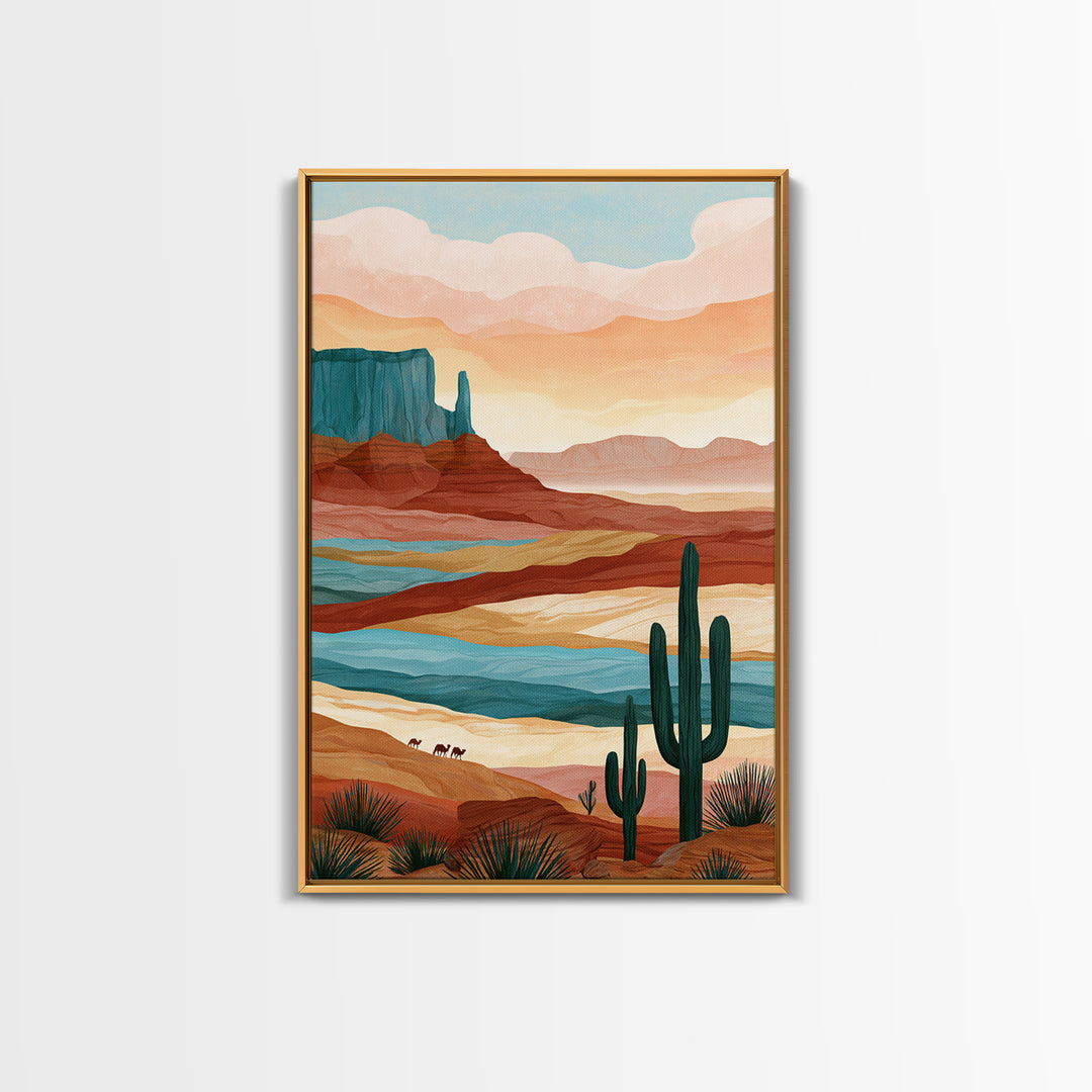 Saharan Dunes with Tiny Caravan Silhouettes Canvas Print, Desert Art, Boho Wall Art, Southwestern Decor, Watercolor Art, Desert, DES-2x3-58