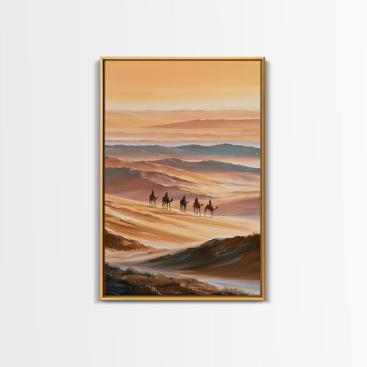 Camel Caravan Crossing Golden Dunes Framed Canvas Print, Desert Art, Botanical Art, Southwestern Decor, Watercolor Art, Desert, DES-2x3-63