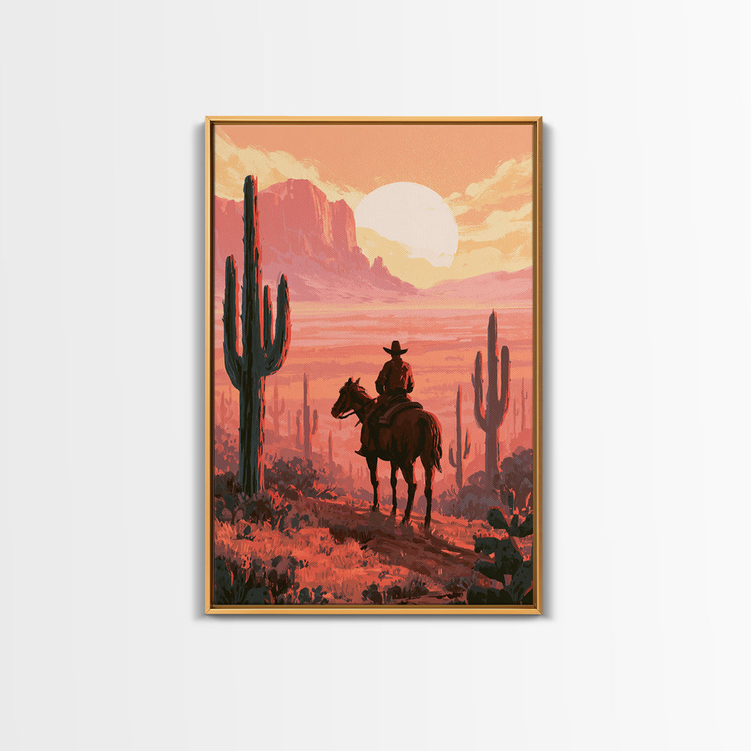 Dusty Horseback Rider at Sunset Canvas Print, Desert Art, Wall Decor, Southwestern Decor, Fine Art, Desert, Living Room Decor, DES-2x3-7