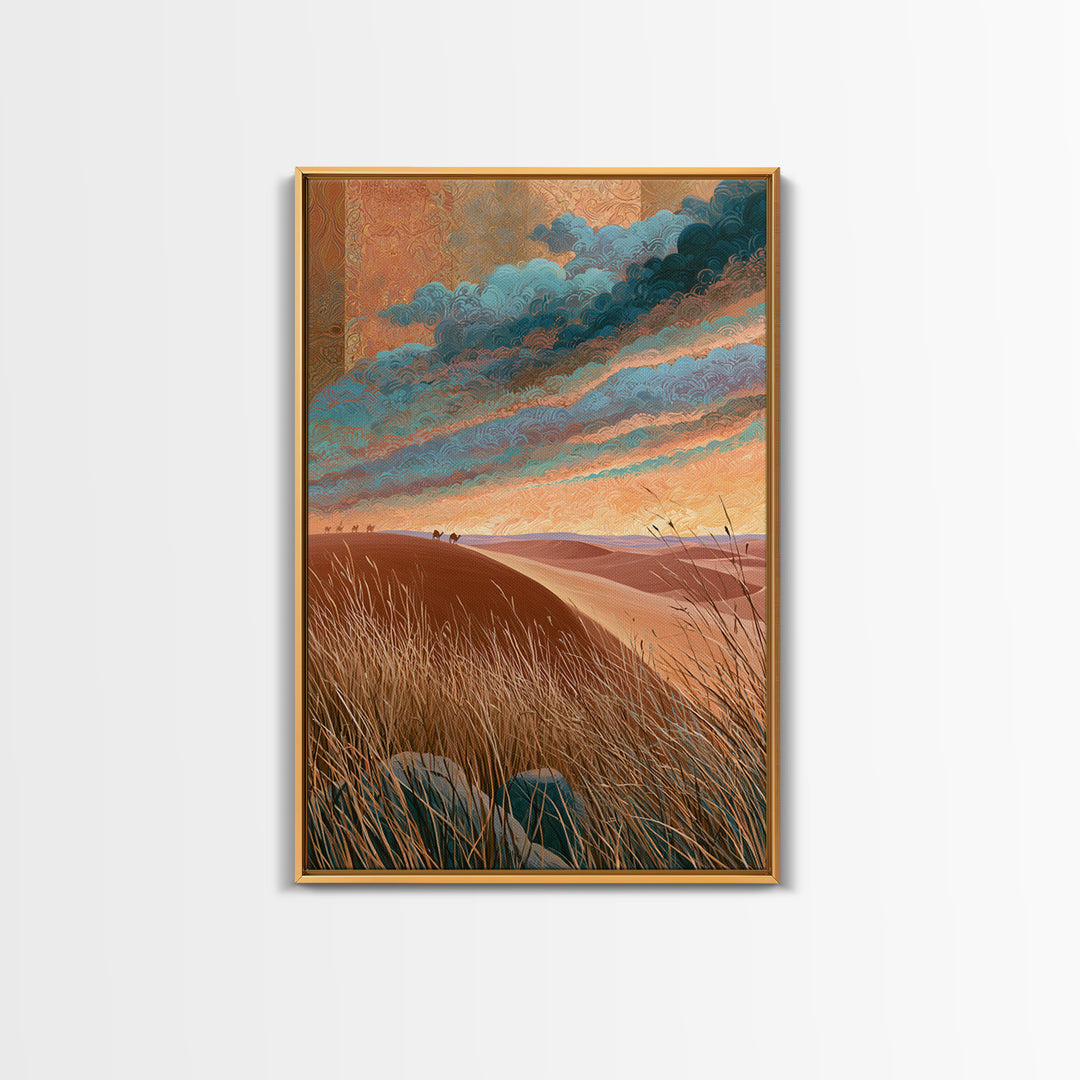 Saharan Dunes with Tiny Caravan Silhouettes Canvas Print, Desert Art, Boho Wall Art, Southwestern Decor, Watercolor Art, Desert, DES-2x3-82