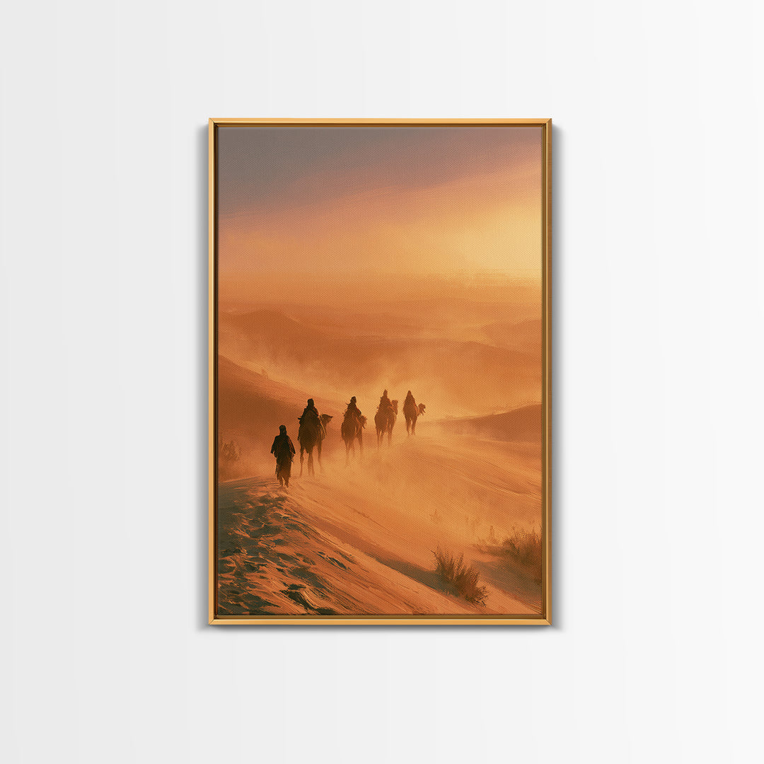 Camel Caravan Crossing Golden Dunes Framed Canvas Print, Desert Art, Southwestern Decor, Oil Painting, Desert, DES-2x3-87