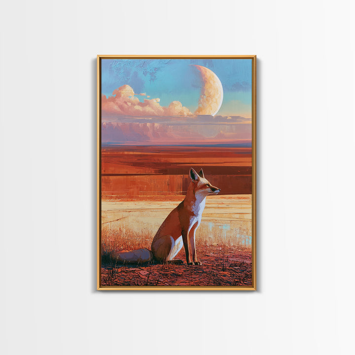 Desert Fox Beneath a Crescent Moon Framed Canvas Print, Desert Art, Botanical Art, Southwestern Decor, Fine Art, Desert, DES-2x3-97