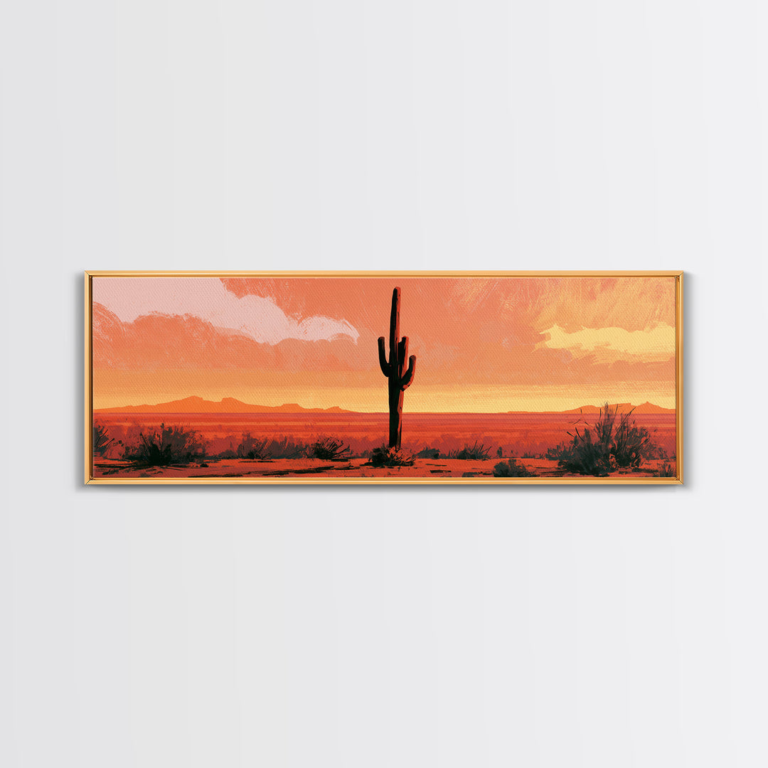 Saguaro Cactus under Orange Sunset Sky Framed Canvas Print, Desert Art, Gallery Decor, Southwestern Decor, Fine Art, Desert, DES-3x1-17
