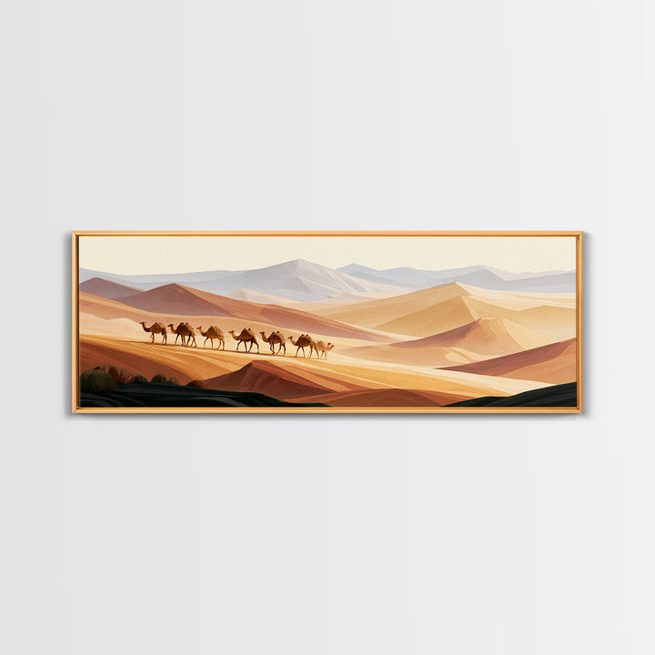 Camel Caravan Crossing Golden Dunes Framed Canvas Print, Desert Art, Contemporary Art, Southwestern Decor, Fine Art, Desert, DES-3x1-23