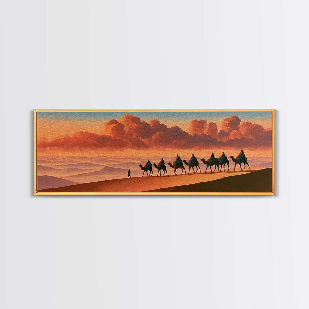 Camel Caravan Crossing Golden Dunes Framed Canvas Print, Desert Art, Boho, Southwestern Decor, Desert, Mountain Wall Art, DES-3x1-47