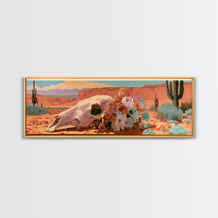 Sun Bleached Skull and Desert Flowers Framed Canvas Print, Desert Art, Contemporary Art, Southwestern Decor, Fine Art, Desert, DES-3x1-52