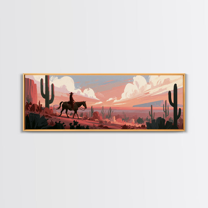 Dusty Horseback Rider at Sunset Framed Canvas Print, Desert Art, Room Decor, Southwestern Decor, Desert, Abstract Wall Art, DES-3x1-63