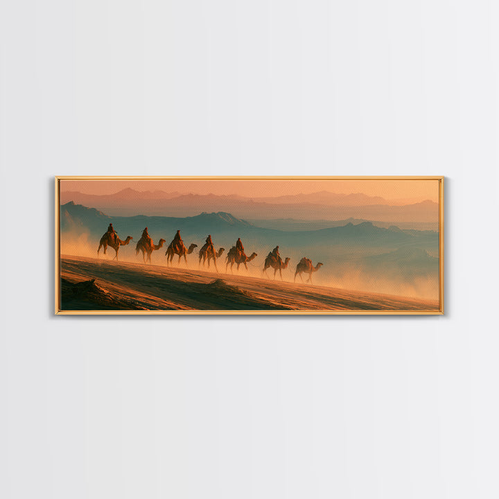 Camel Caravan Crossing Golden Dunes Canvas Print, Desert Art, Boho Wall Art, Southwestern Decor, Oil Painting, Desert, DES-3x1-71