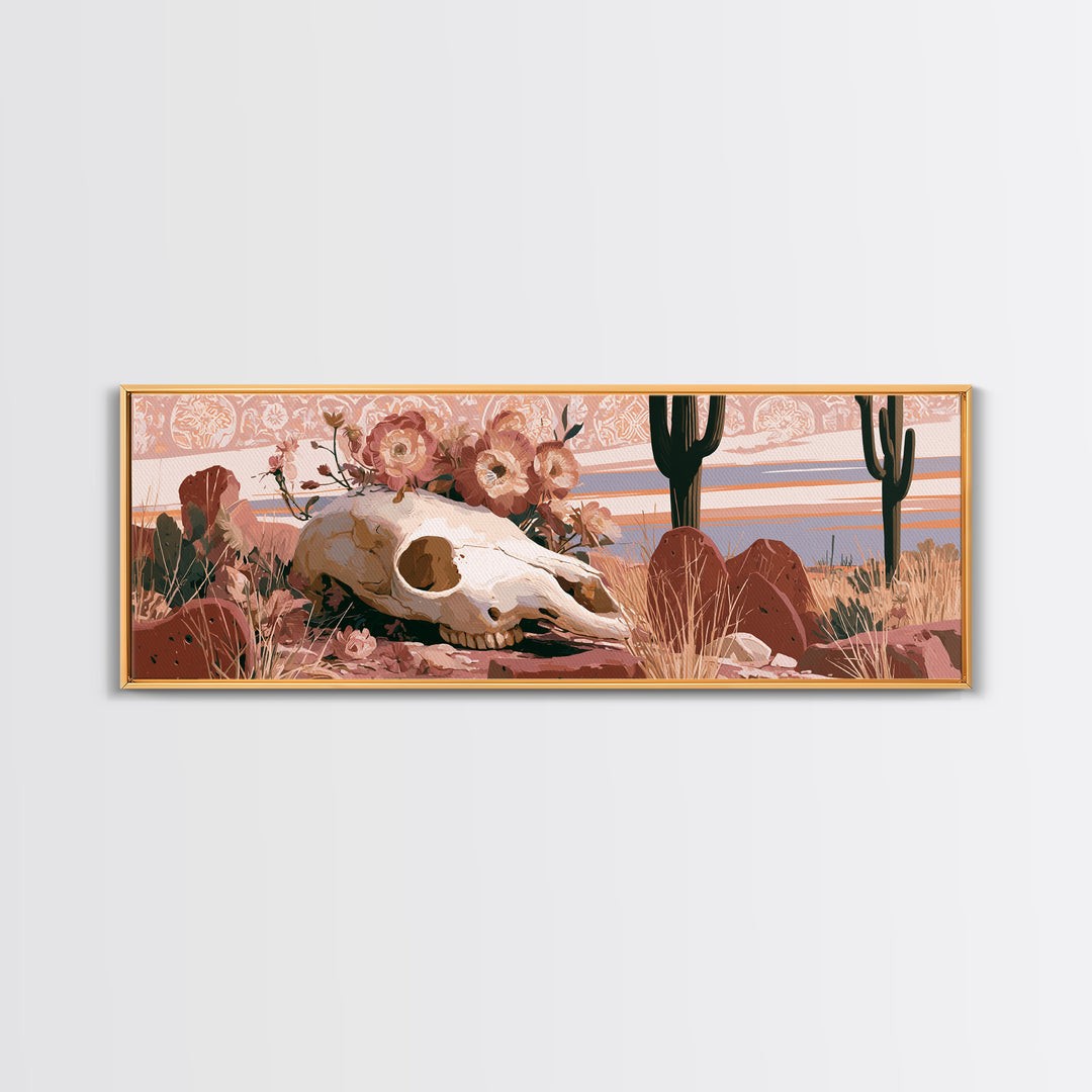 Sun Bleached Skull and Desert Flowers Canvas Print, Desert Art, Print, Southwestern Decor, Oil Painting, Desert, DES-3x1-76