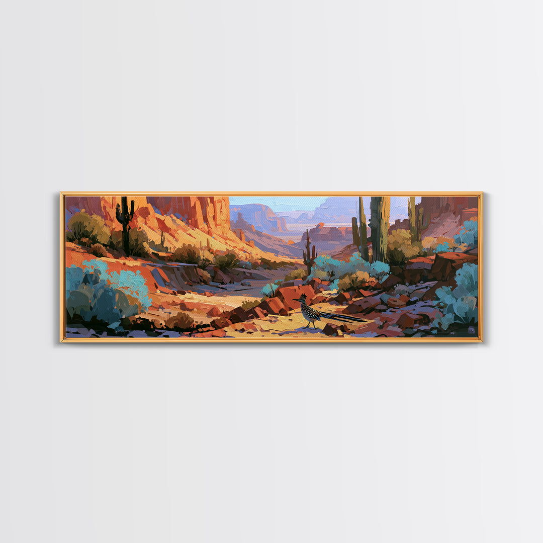 Roadrunner Bird in a Dry Wash Canvas Print, Desert Art, Printable Art, Southwestern Decor, Oil Painting, Desert, DES-3x1-78
