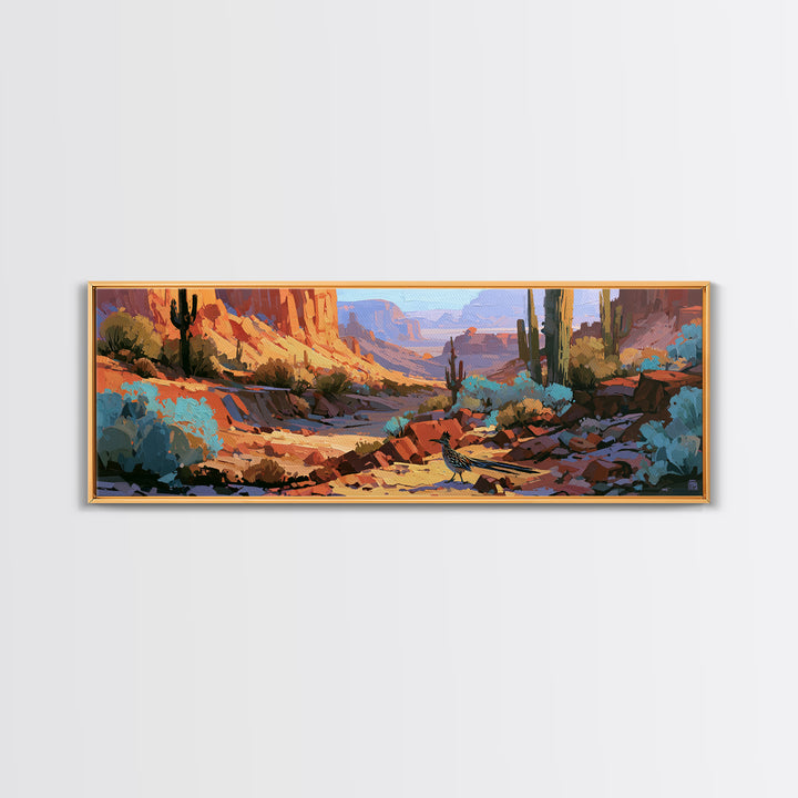 Roadrunner Bird in a Dry Wash Canvas Print, Desert Art, Printable Art, Southwestern Decor, Oil Painting, Desert, DES-3x1-78