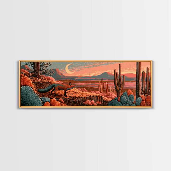 Desert Fox Beneath a Crescent Moon Framed Canvas Print, Desert Art, Mountain Wall Art, Southwestern Decor, Fine Art, Desert, DES-3x1-9