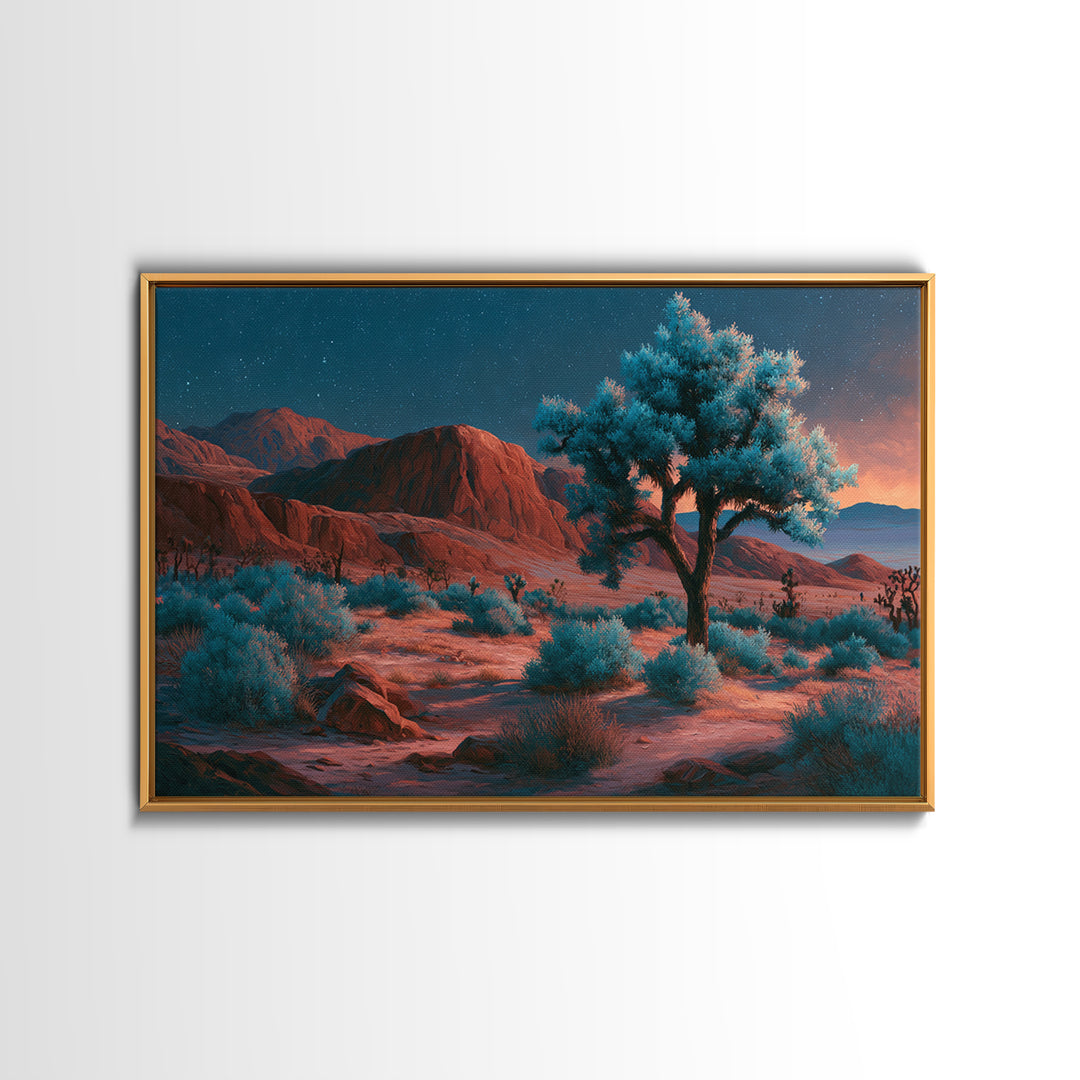 Joshua Tree under Star Filled Night Framed Canvas Print, Desert Art, Mountain Wall Art, Southwestern Decor, Oil Painting, DES-3x2-10