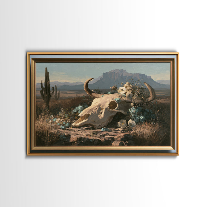 Sun Bleached Skull and Desert Flowers Framed Canvas Print, Desert Art, Southwestern Decor, Watercolor Art, Desert, DES-3x2-40