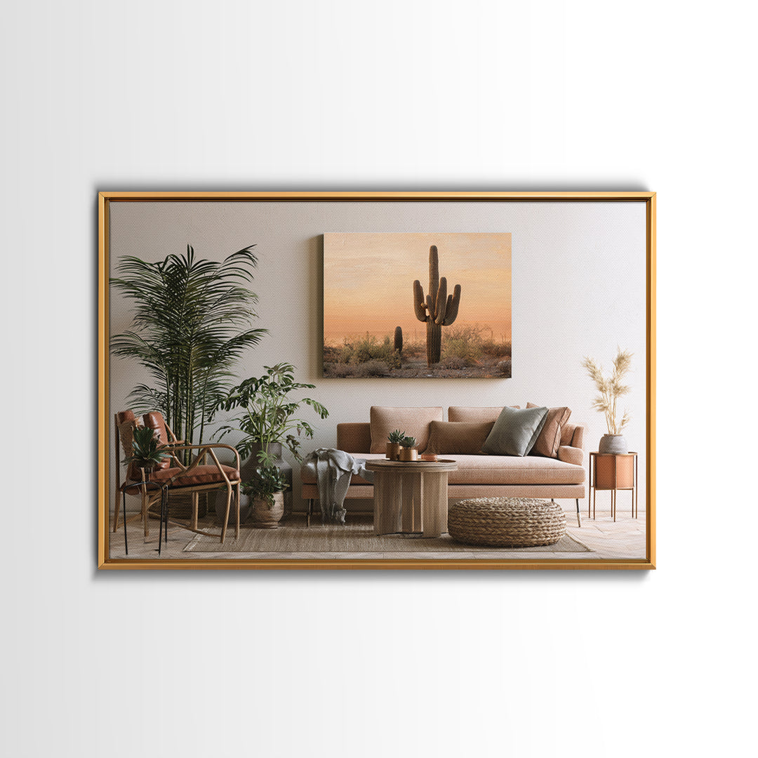 Saguaro Cactus under Orange Sunset Sky Canvas Print, Desert Art, Minimalist Decor, Southwestern Decor, Fine Art, Desert, DES-3x2-53