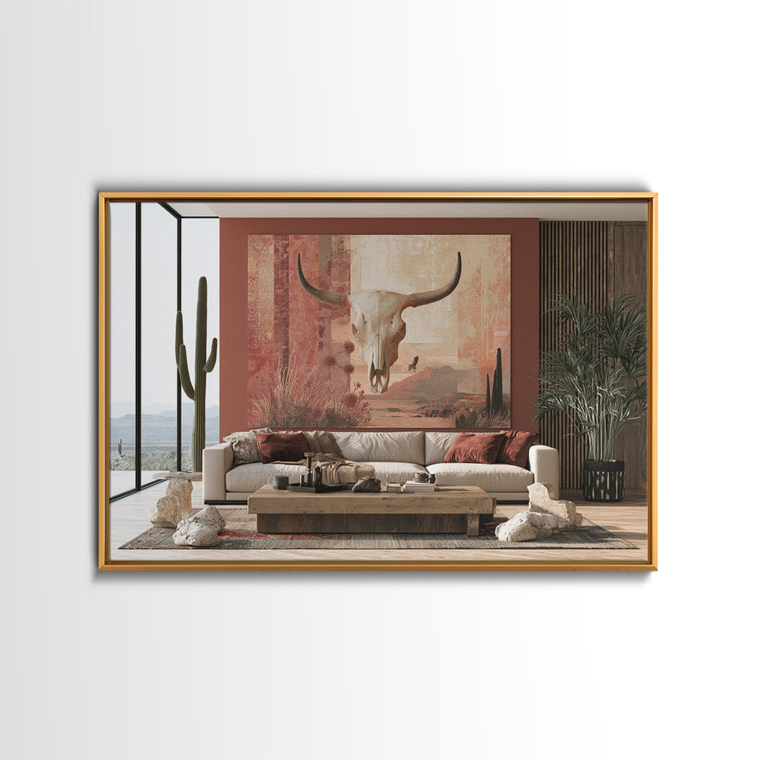 Sun Bleached Skull and Desert Flowers Framed Canvas Print, Desert Art, Original Painting, Southwestern Decor, Fine Art, Desert, DES-3x2-64
