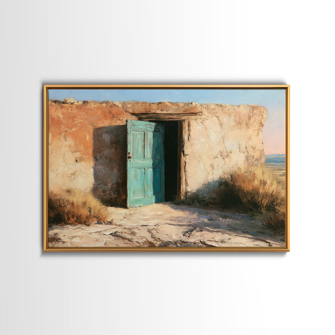 Adobe Doorway with Turquoise Shadow Framed Canvas Print, Desert Art, Contemporary Art, Southwestern Decor, Fine Art, Desert, DES-3x2-81