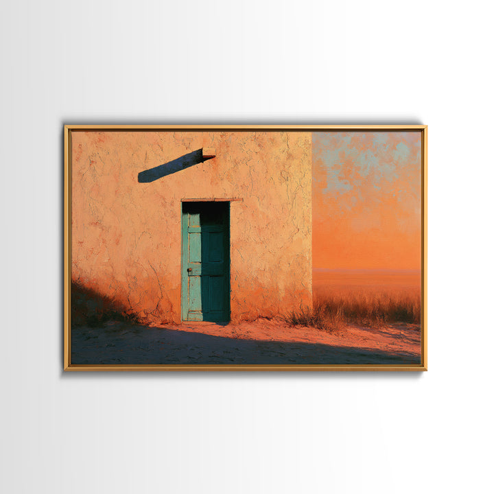 Adobe Doorway with Turquoise Shadow Framed Canvas Print, Desert Art, Nature Wall Art, Southwestern Decor, Oil Painting, Desert, DES-3x2-9