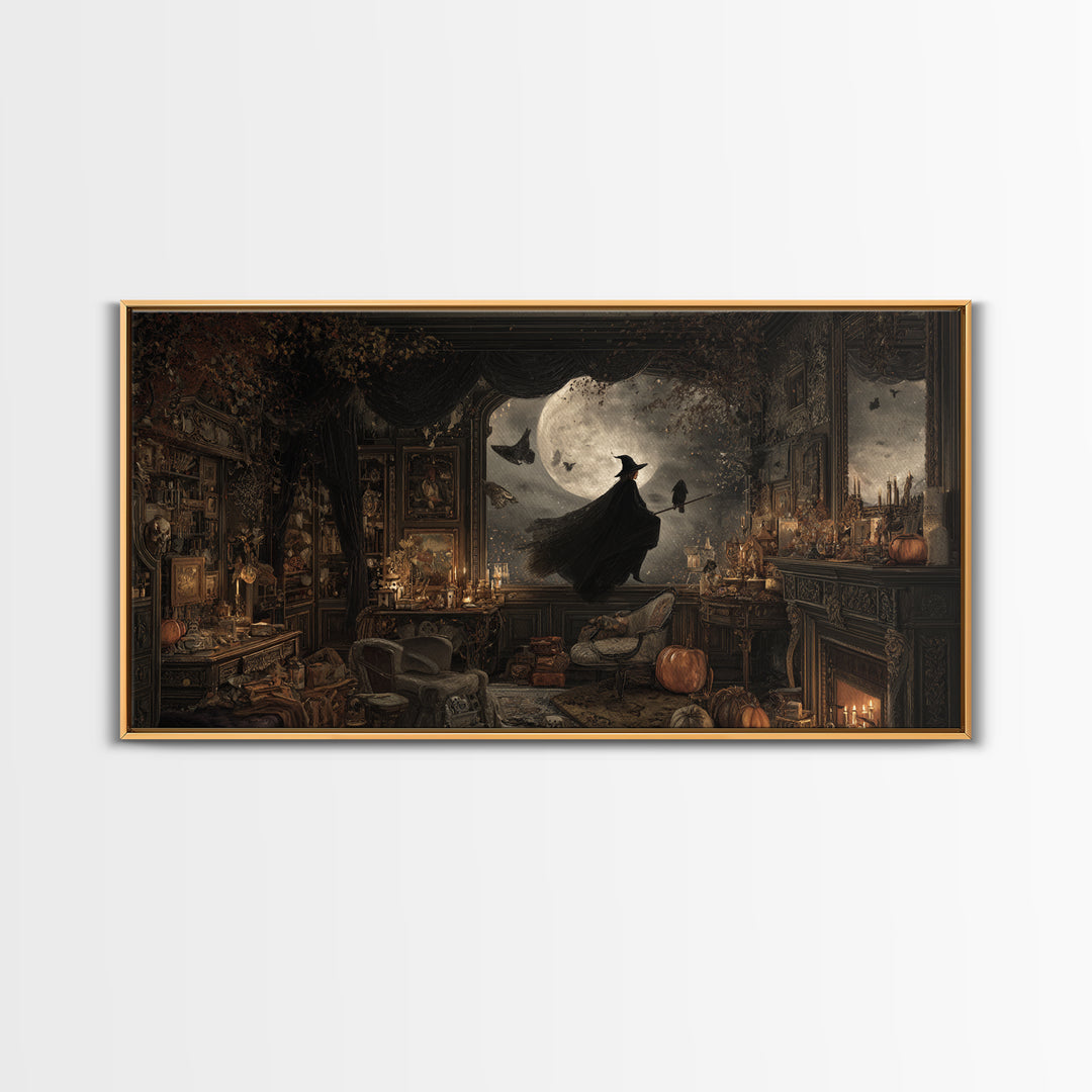 The Moonlit Witch, Wide Panoramic Art, Haunted Gothic Art, Framed Canvas Print, Halloween Wall Decor, Gothic Home Decor, Halloween Wall Art